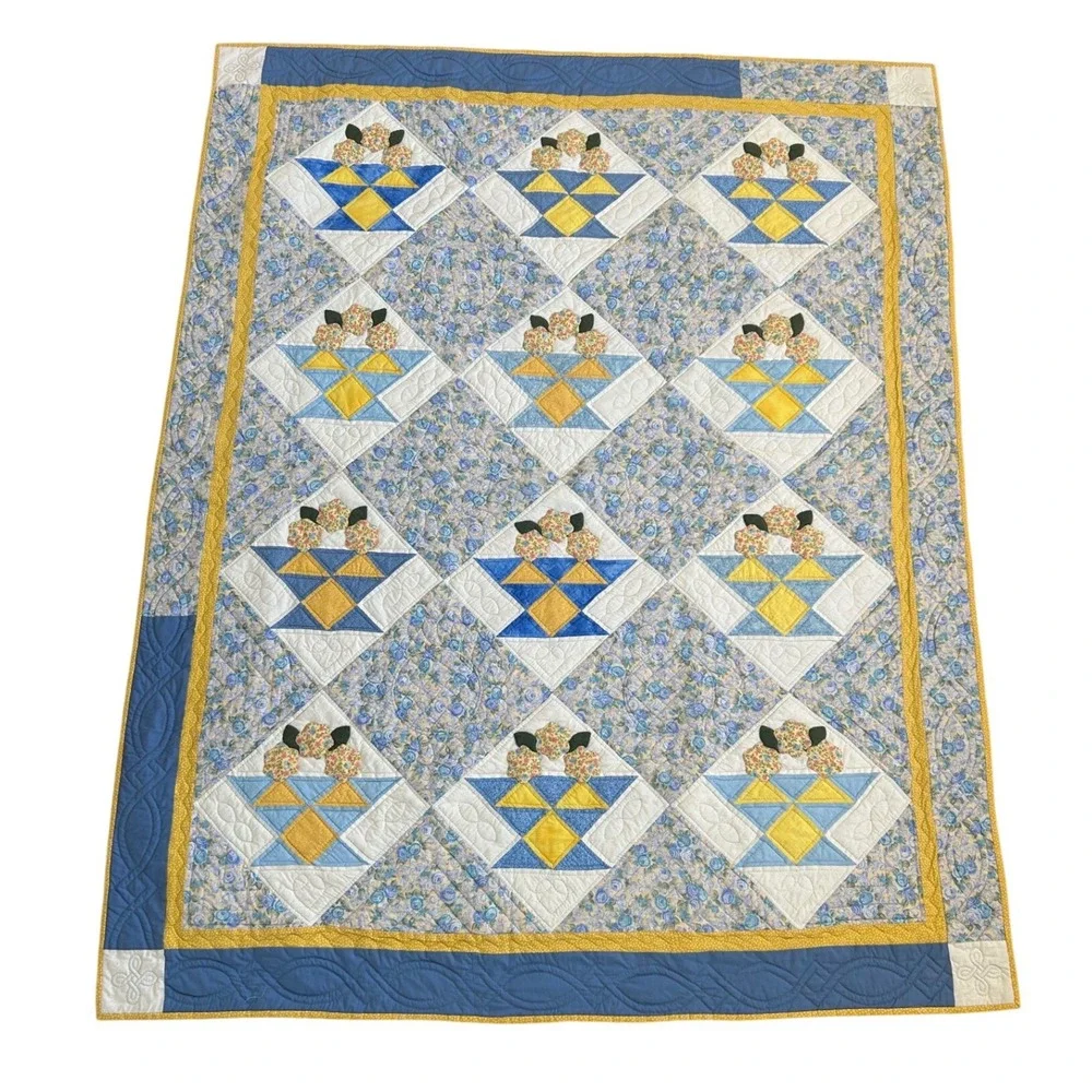 Vintage Handmade Granny Quilt embroidered Floral Blue Yellow Patchwork 72x53